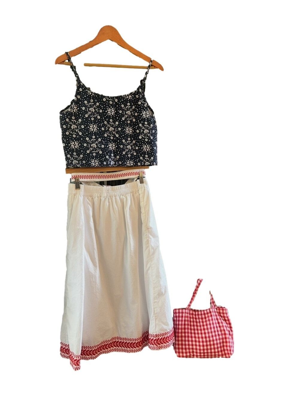 J Crew White Cotton Maxi Skirt Size L Scarlet Red Embroidery Sash Belt Lined - Picture 6 of 16